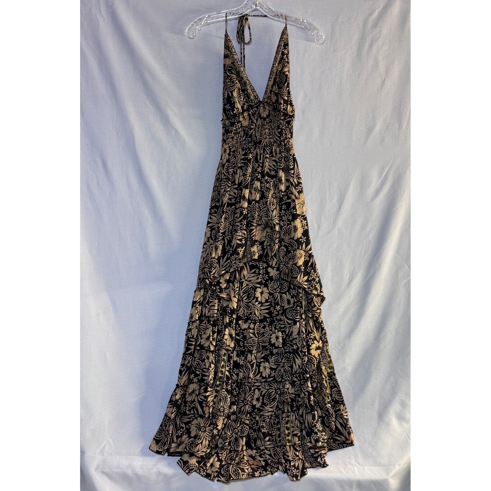 Silk Blend Halter Hi-Low Dress Wnm 8 Black Gold Floral Boho Tiered Smocked Waist